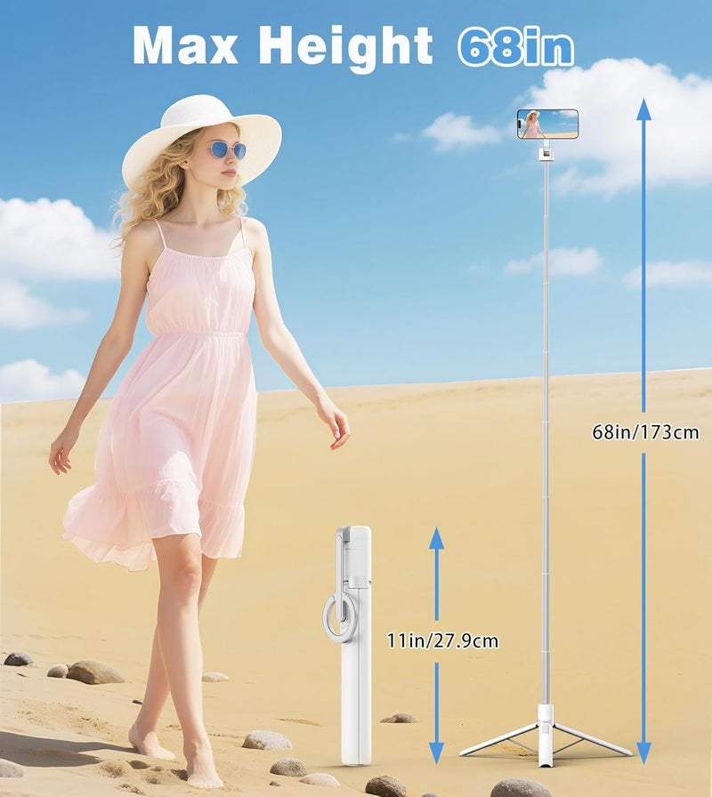 TONEOF حامل ثلاثي القوائم مع عصا سيلفي مغناطيسية بطول 68 بوصة مع حامل مغناطيسي قوي من الألمنيوم لماغسيف، حامل هاتف للسفر قابل للدوران 360° مع حلقة معدنية وجهاز تحكم عن بعد قابل لإعادة الشحن لهواتف آيفون/أندرويد (أبيض) - Image 4